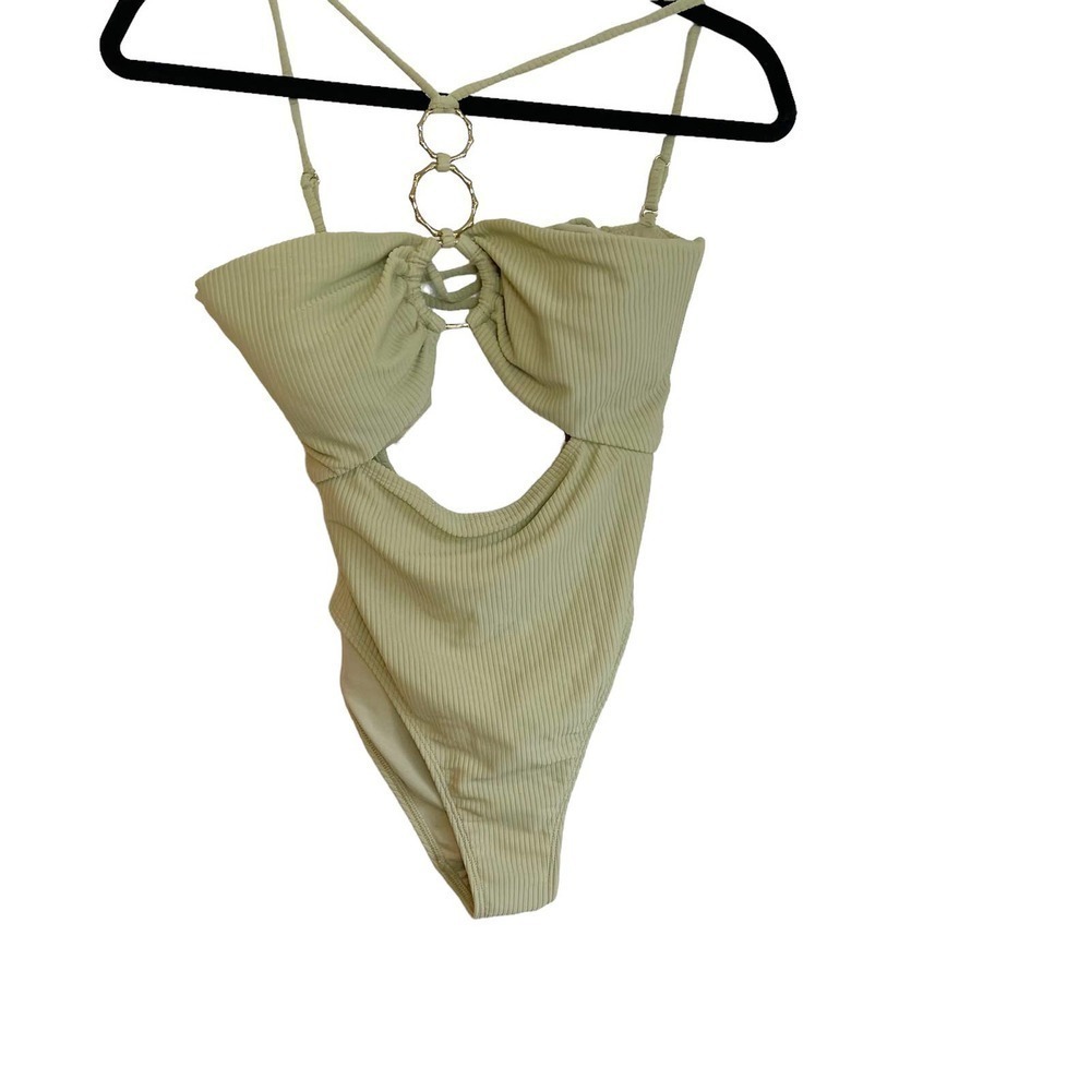 New River Island Ribbed Cut Out Swimsuit Stretch Solid Green Women's Size 8 - Picture 6 of 13